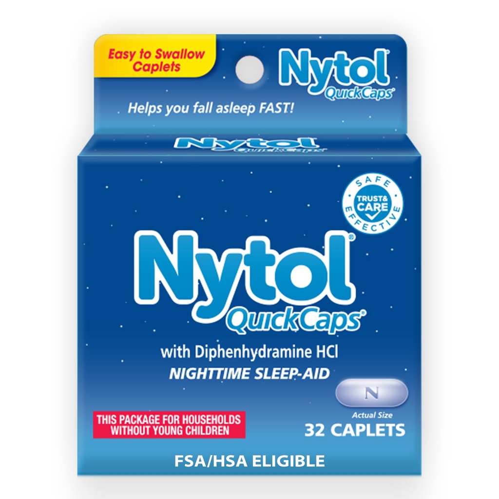 Nytol Quick Caps Nighttime Sleep Aid with Diphenhydramine HCI, Easy- to- Połknięcie Caplets to Fall Asleep Fast, 32 Count