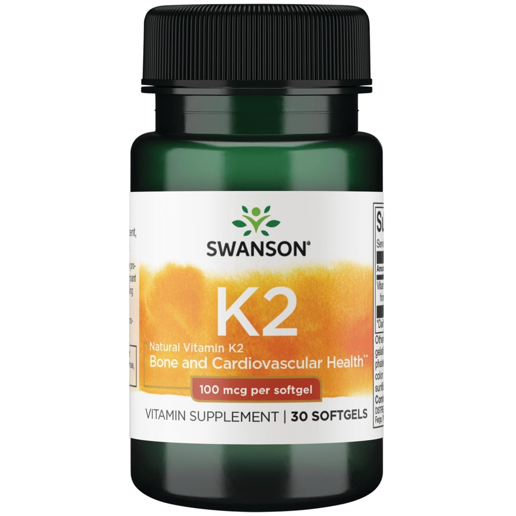 Witamina K2 Swanson (Menaquinone- 7) - Suplement Witaminy wspierający układ sercowo-naczyniowy i zdrowie kości - Wykonane z japońskiego Natto pomóc Regulacji Wapnia - (30 Softgels, 100mcg każdy)