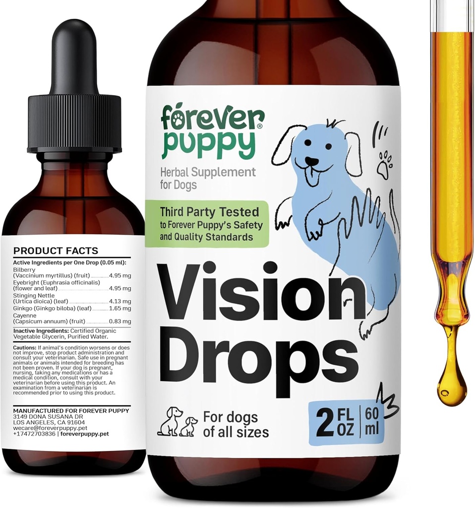 Forever Puppy Vision Supplements for Dogs - Eye Tincture w/Bilberry & Eyebright Herb - All Breeds & Sizes - Liquid Dog Food Supplements for Vision Support & Eye Clarity - Sugar & Alcohol-Free - 2 oz