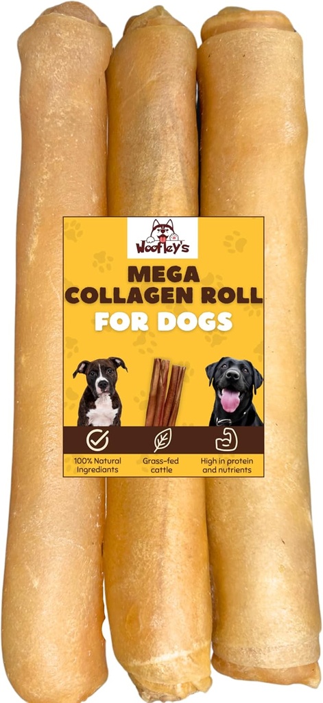 Woofley 's Extra Thick Collagen Roll (10- 12 Inch - 3 PCS) - Przeżuwacze dla psów - Bully Stick Rawhide Alternatywny pies Żuje bez ukrycia kości dla średnich i dużych psów