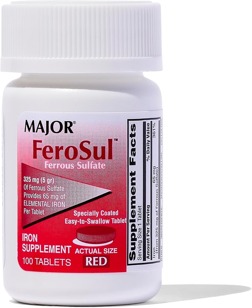Major Ferosul - Żelaza siarczan 325 mg Tabletki z 65mg Żelaza elementarnego - Żelaza Suplement dla Kobiet, Mężczyźni - Czerwony - 100 Hrabia