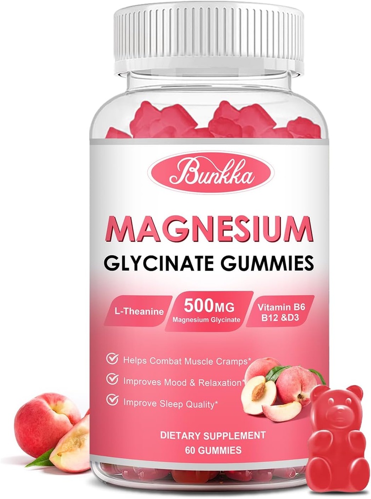 Magnezu Gummies Glicynian - Bezcukrowy, Magnezu Complex Potasu Suplement z potasu, Vitamind, B6 dla uspokojenia, Sleep & Stress Relief dla dorosłych - 60 Peach Gummies