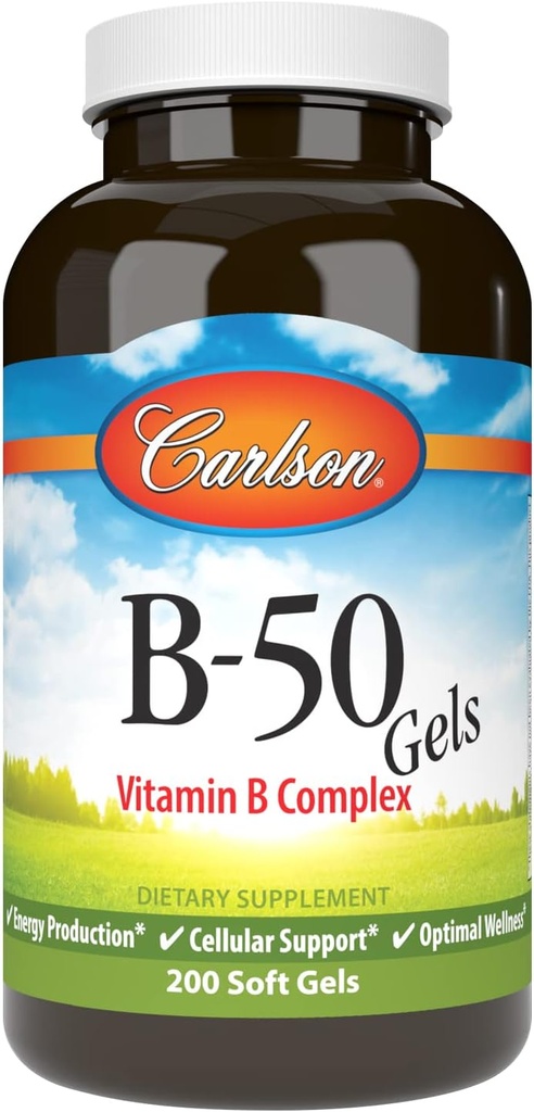 Carlson - B- 50 żel, kompleks witaminy B, produkcja energii, wsparcie komórkowe i optymalne Wellness, 200 softgeli