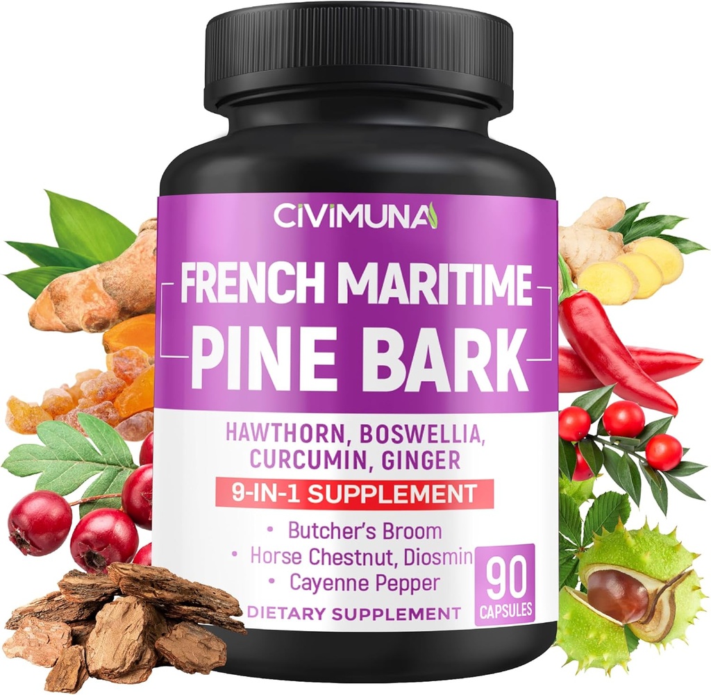 Kapsułki French Maritime Pine Bark z francuskim Maritime Pine Bark, Hawthorn, Bosweillia i więcej - 90 Kapsułki dla 3 miesięcy dostaw