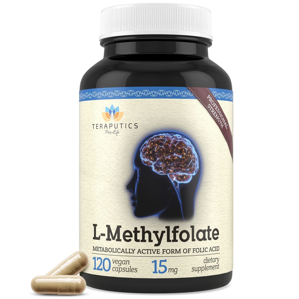 Teraputyka L- Metylfolan 15 mg 124; 120 Kapsułek Wegańskich 124; Premium 124; 5-MTHF Aktywny Metylowy Folate dla Metylacji Homocysteiny Mood - Nie-GMO Gluten- Free, Nie Fillery - Folic Acid Brain Support