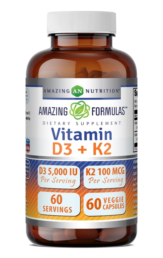 Witamina D3 5000 IU z witaminą K2 100 μg 124; D3 + K2 Complex Supplement Agregat 124; Veggie Capsules Agregat 124; Nie-GMO Agregat 124; Gluten Free Agregates 124; Made in USA (60 Count)