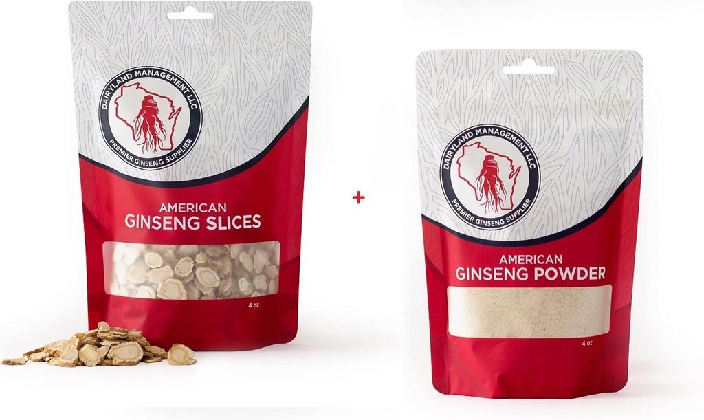 Dairyland American Ginseng Slices and Powder - 4 oz Pack Każdy z Wisconsin Ginseng - Bezpośrednio z rolnikiem do konsumentów
