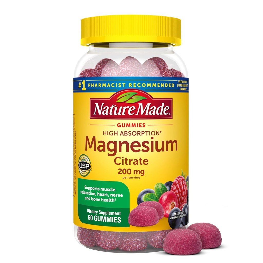 Nature Made High Absorption Magnezu Citrate 200 mg za porcję, Magnezu Suplement do Mięśnie, Nerwy, Kości i Serca Wsparcie, 60 Gummies magnezu, 30 Day Supply