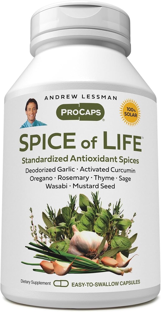 ANDREW LESSMAN Spice of Life 60 Kapsułki - Osiem naukowych założonych ekstraktów, Koncentraty. Zdrowie - Promowanie Przypraw. Czosnek, Kurkumina, Oregano, Rozmaryn, Szałwia, Tymianek, Musztarda, Wasabi