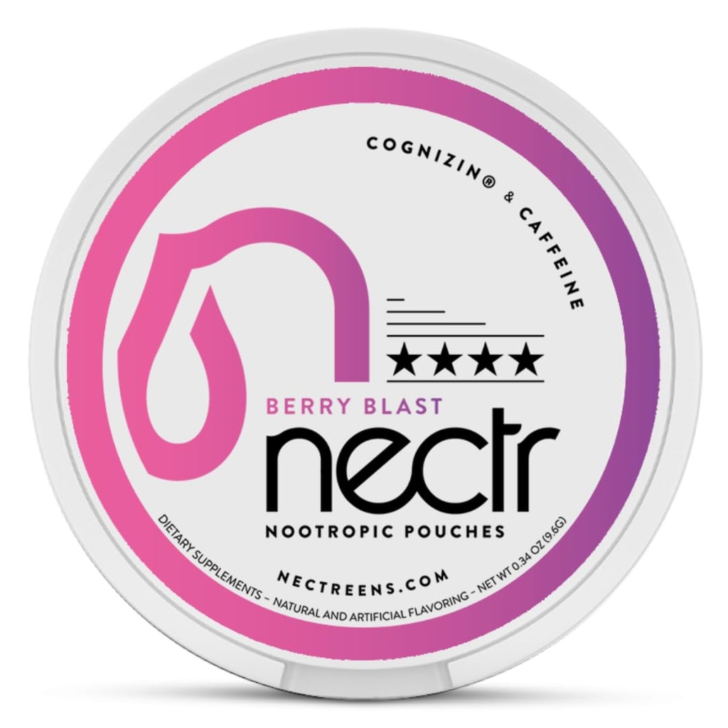 Nectr Energy Nootropic Pouches - Berry Blast Flavored, Kofeina Pouches with Cognizin ® Citicoline. Leczenie bez cukru. Gładki, Trwały suplement ogniskowy i energetyczny - 1 Puck z 16szt.