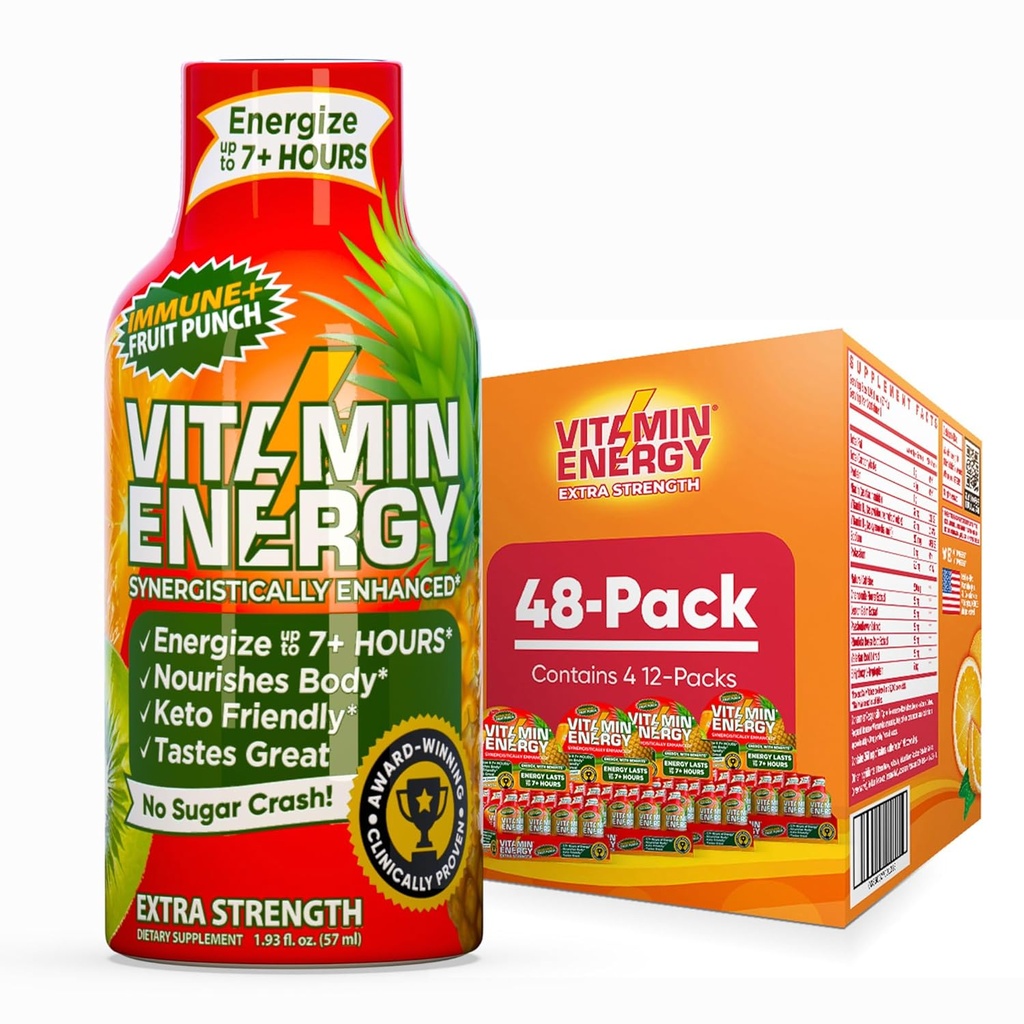 Witamina Energia Immune + Dodatkowa Siła Energy Shot Fruit Punch 48 Pack, 260mg Naturalna kofeina, B- Witaminy, Citicolina, Zielona herbata, Immunitet i Focus Support, Zero cukru, Gluten- Free 1.93 fl oz