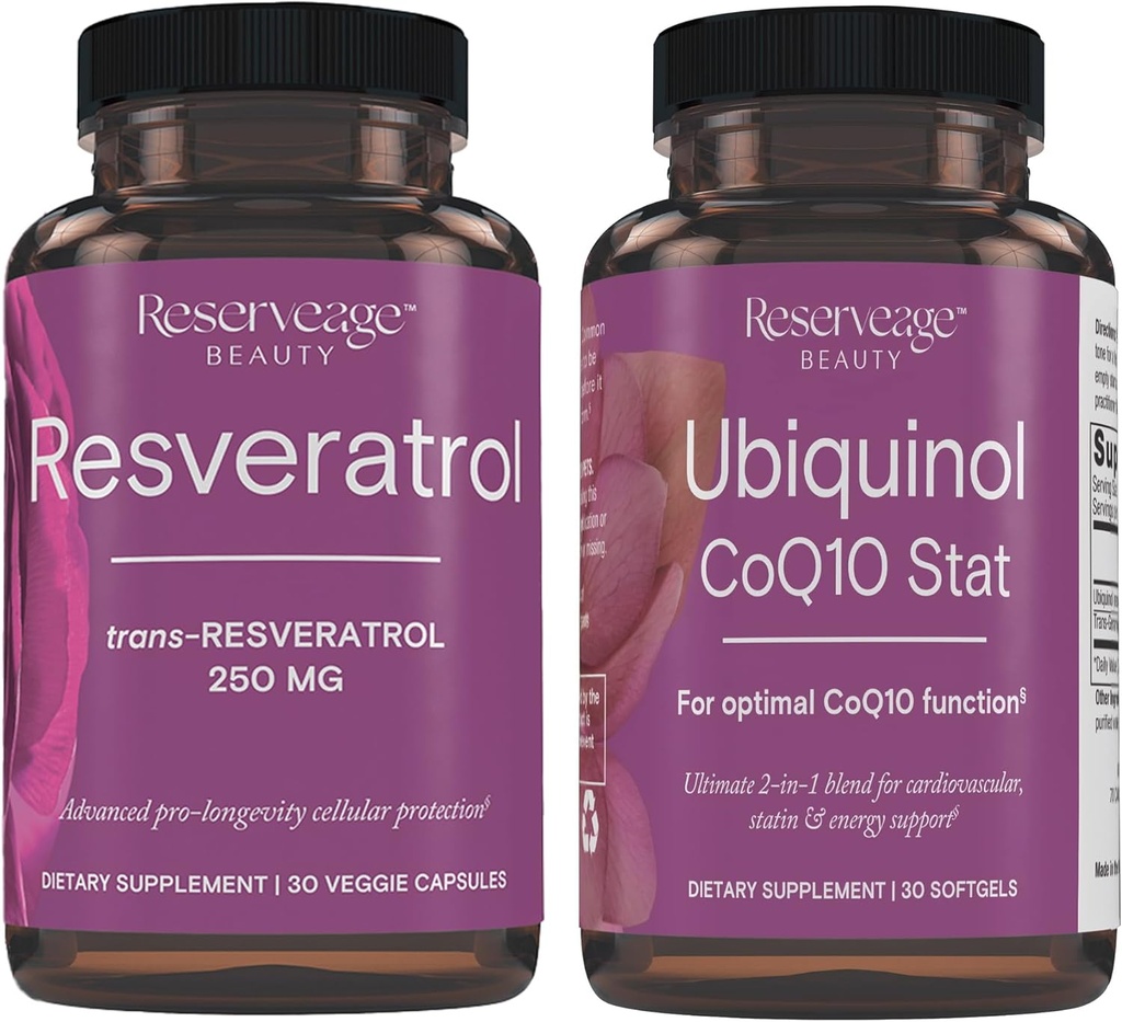 Reserverage Beauty, Resveratrol 250 mg, Suplement przeciwutleniający dla Heart and Cellular Health 30 Caps & Ubiquinol CoQ10 Stat - Wsparcie dla układu sercowo- naczyniowego, Energy Levels & Cellular Health - 30