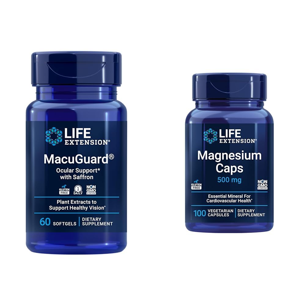 Life Extension MacuGuard Eye Health Supplement with Magnezu kapsułki 500 mg - Luteina, Zeaksantyna, Mezozeaksantyna i Saffron for Healthy Vision - 60 Softgels i 100 Kapsułki wegetariańskie