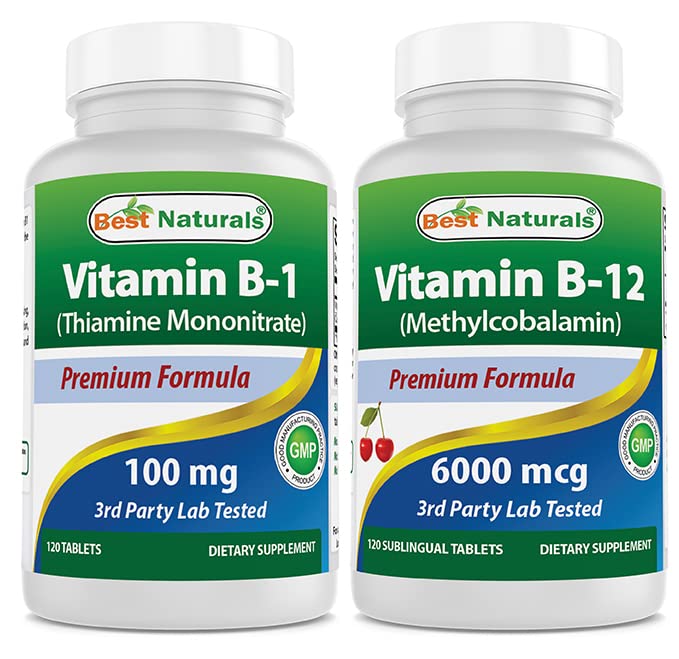 Najlepsi naturalni Witamina B1 jako Tiamina Mononitrat 100 mg & Witamina B12 6000 µg
