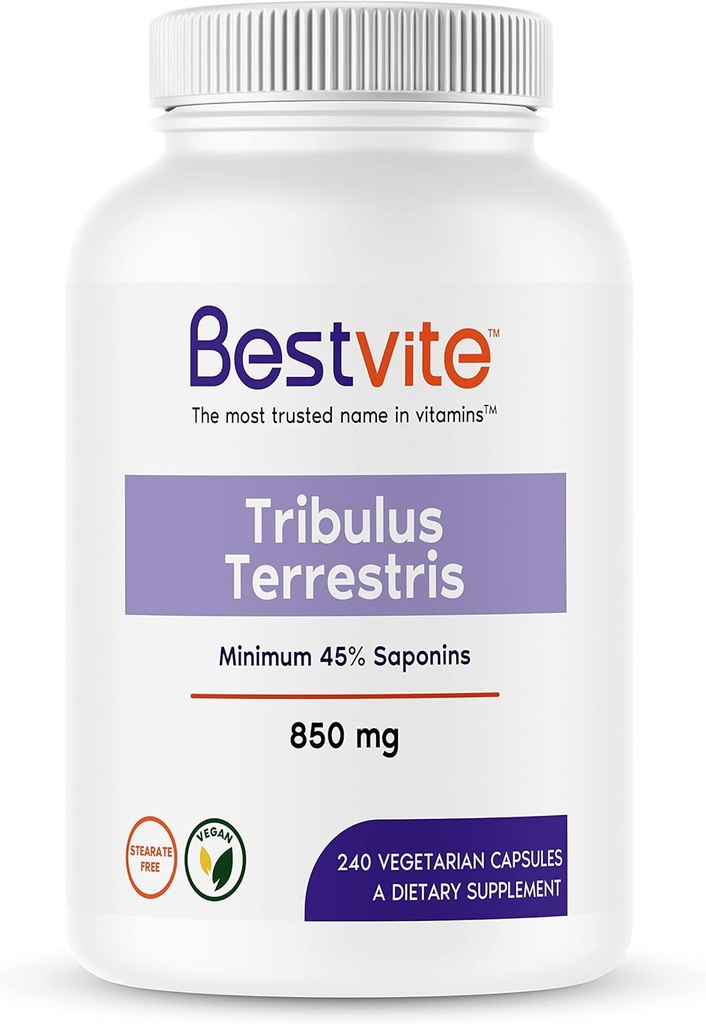 BESTVITE Tribulus Terrestris 850mg na kapsułkę (240 kapsułki wegetariańskie) - standardowy ekstrakt - Min 45% saponiny - No Stearates - No Silicon Dixide - No Fillers - Vegan - Non GMO - Gluten Free
