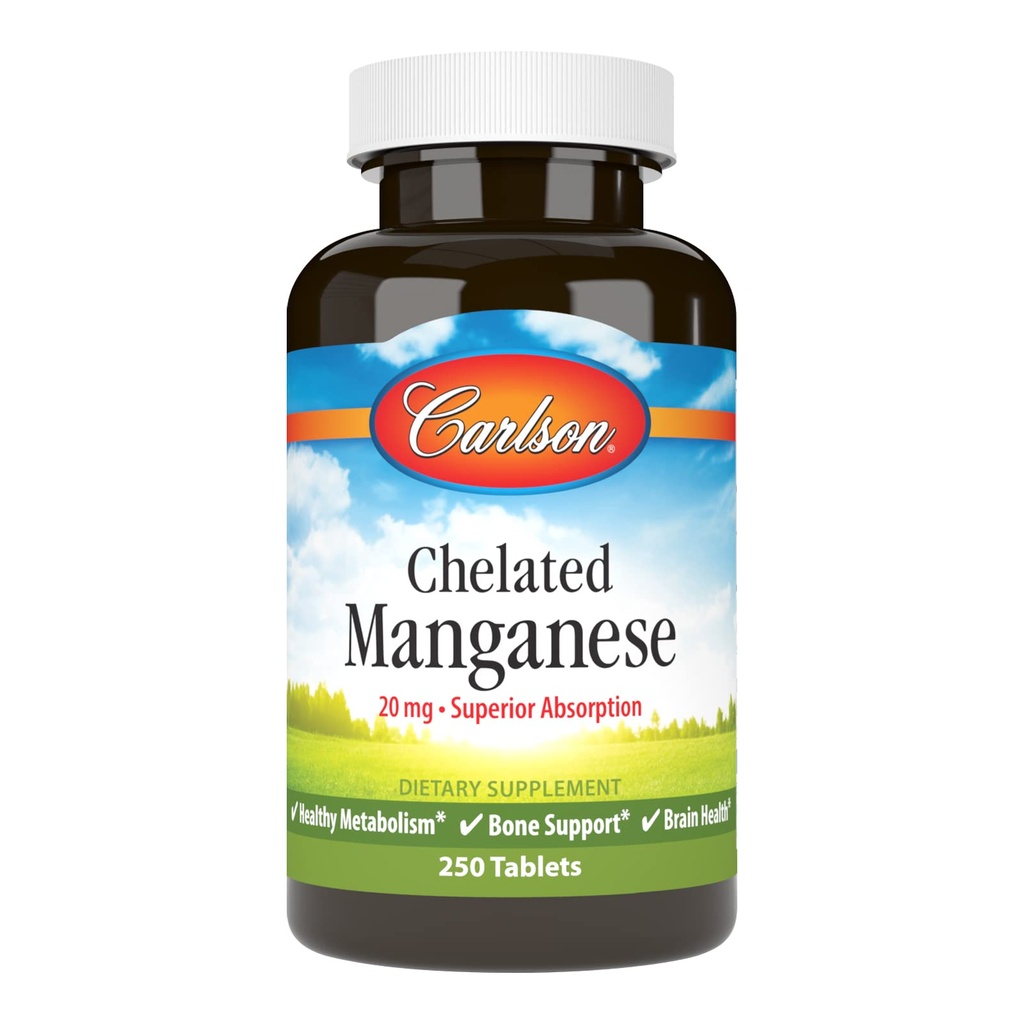 Carlson - Chelated Manganese, 20 mg - Superior Absorption, Healthy Metabolity, Bone Support & Brain Health, 250 Tablets