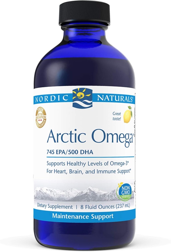 Nordic Naturals Pro Arctic Omega Liquid- Fish Oil, 745 mg EPA, 500 mg DHA, Pomaga utrzymać zdrowe Omega-3 Poziomy dla serca, mózgu i immunologicznego wsparcia, Lemon Flavored, 8 oz