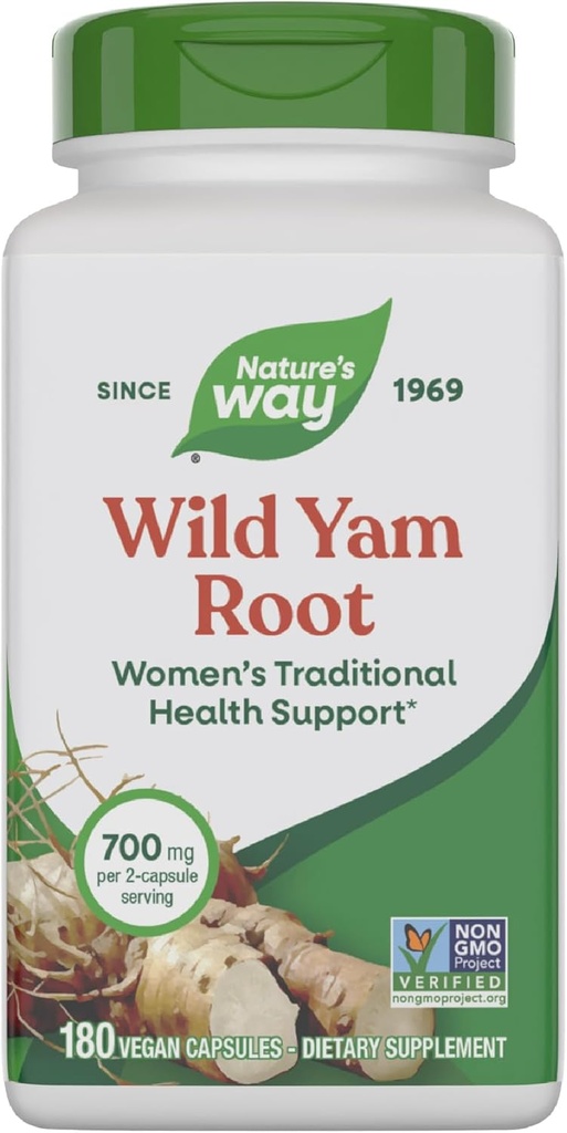 Natural 's Way Wild Yam Root, Women' s Traditional Health Support *, 700 mg na 2- Capsule Serving, Non-GMO Project Verified, 180 Vegan kapsułki (Packaging May Vary)