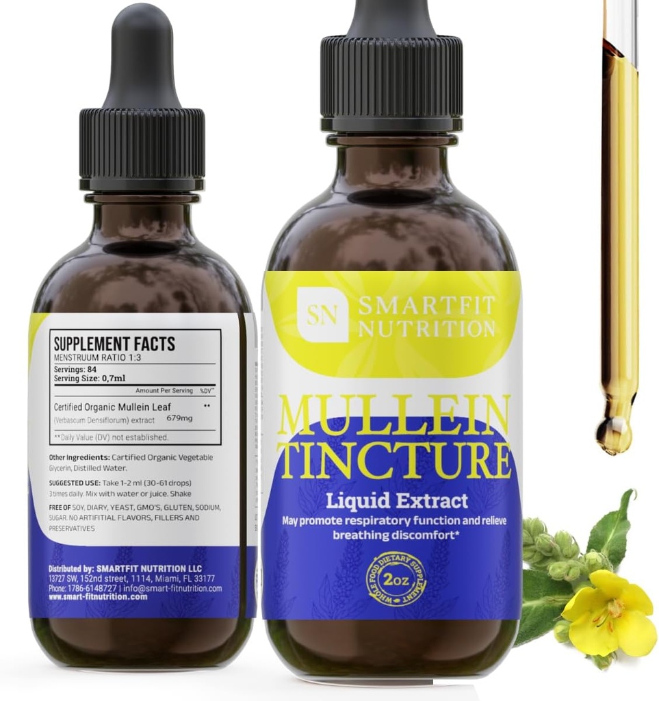 Ekstrakt Mullein Leaf - Mullein Drops - Lung Cleanse - Suplement do wspomagania układu oddechowego & Zdrowe membrany błotne - Verbascum Densiflorum - 2 oz