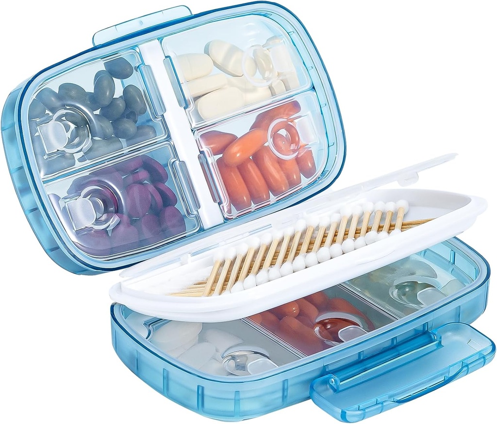 Daviky Travel Pill Organizer, Cotygodniowy Pill Dispenser 1 Time a Day, Big Pill Box, Moisture Proof 8 Pill Case, Przenośny Pill Holder dla leków, Suplementy i Witaminy (Niebieski)