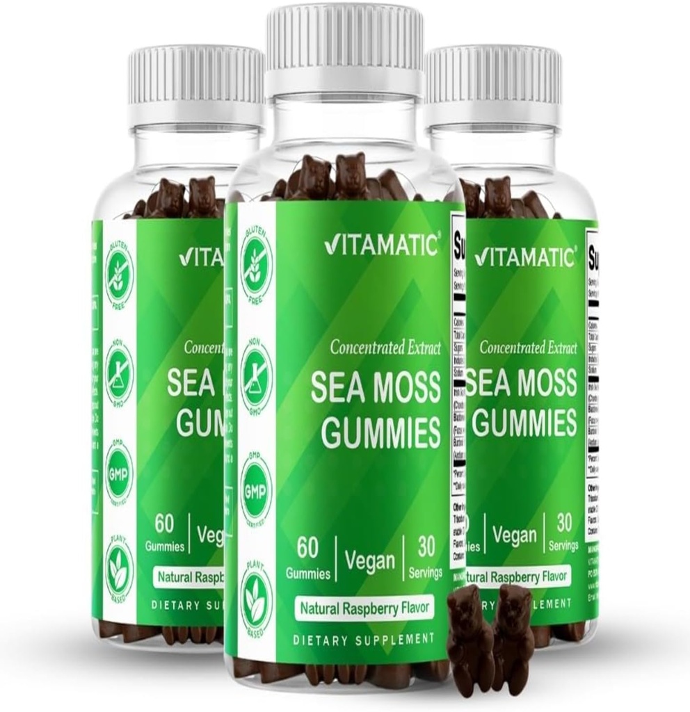 Vitamatic 3 Pack Irish Sea Moss Gummies- 3000mg Equivalent Per Serving (z ekstraktu 132.5 mg) - 60 Ct - Made with Bladderwrack & Burdock Root - Seamoss Supplement for Thyroid, Energia, Wsparcie immunologiczne