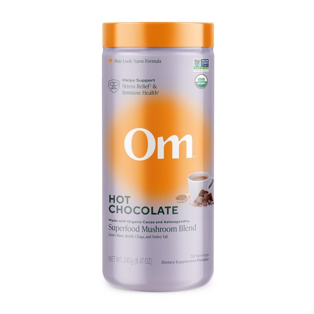 OM MUSZKA SUPERFOOD Hot Chocolate Blend - holenderski Cocoa z grzywą Lwa, Reishi, Chaga & Turecki Ogon - Pomaga Focus, Calm & Stress Relief - 2g Sugar, 25 Calories - 8.47 Oz Canister (30 Sług)