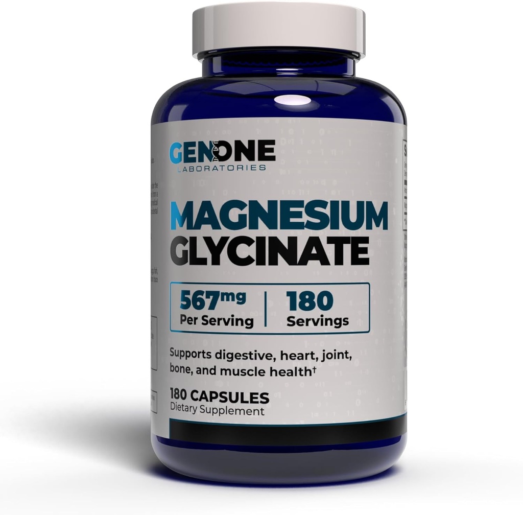 Genone Magnezu Glycinate Kapsułki - Zwiększona absorpcja dla wsparcia kości i psychicznego - Delikatność na stomach 567mg na jedną porcję - 180