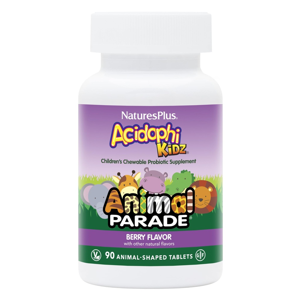 NaturesPlus Animal Parade AcidophiKidz, Berry Flavor - 90 Chewable, Animal- Shaped Tablets - Pack of 2 - z Probiotyki, FOS & Nasiona winorośli - 180 Razem Sługi
