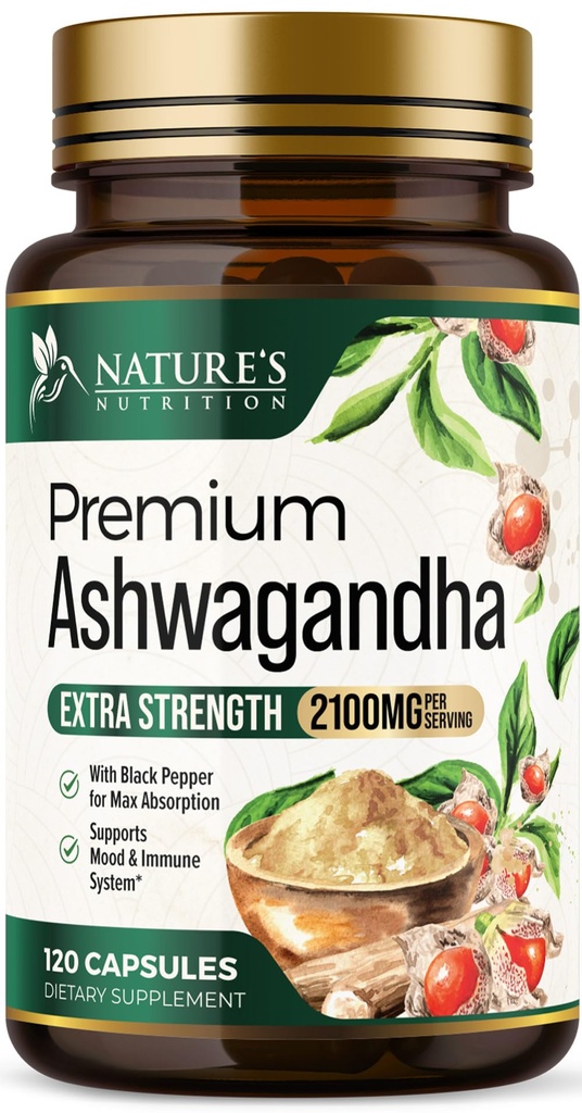 Ashwagandha Suplementy - 2100mg Ashwagandha Kapsułka dla Kobiet i Mężczyzn, Natural Antioksydant Support, Ashwa Root Extract, Extra Siła Calm Support z Black Pepper, Vegan & Gluten Free - 120 Kapsułki