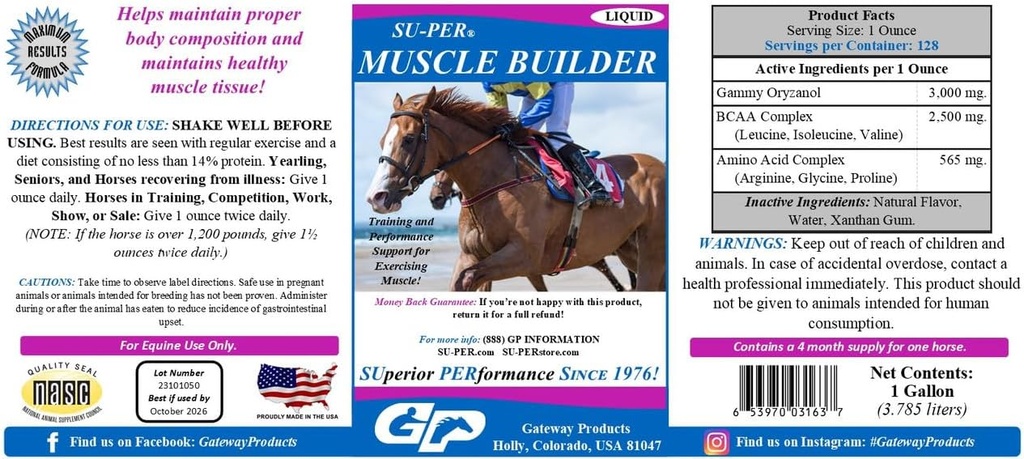 SU- PER Muscle Builder Horse Supplement - Pomoc szkoleniowa i wydajnościowa dla treningu mięśni - 1 Gallon, 4 Miesiąc Dostawy