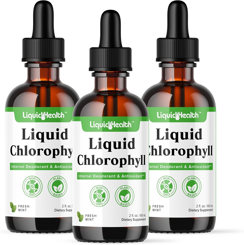 Chlorofil płynny LIQUIDHEALTH - Dezodorant wewnętrzny, przeciwutleniacze, Detox wątroby, Immune Support, Relieve Bad Breath, Reduce Apetite, Collagen for Hair & Skin Health - Wegan, Non-GMO (3 Pack)