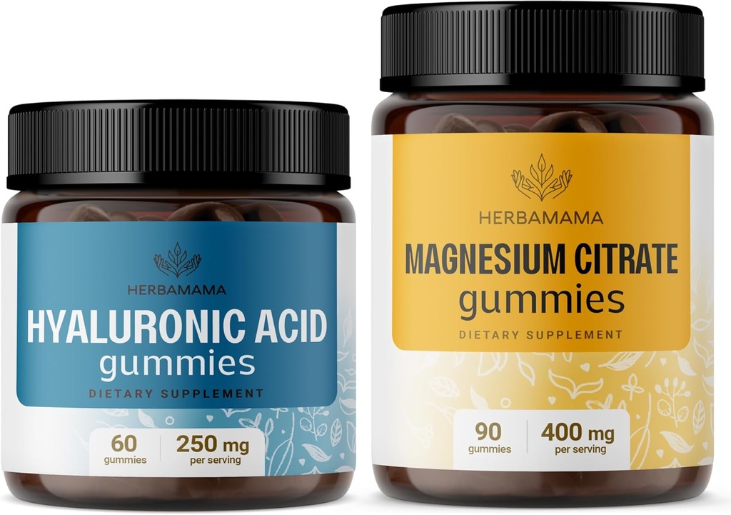 HERBAMAMA Hyaluronic Acid and Magnezu Kit - Bundle of 250 mg Hyaluronic Acid & 400 mg Magnezu Citrate Gummies - Vegan, Non-GMO, Żelatin- Free - 2 Pack