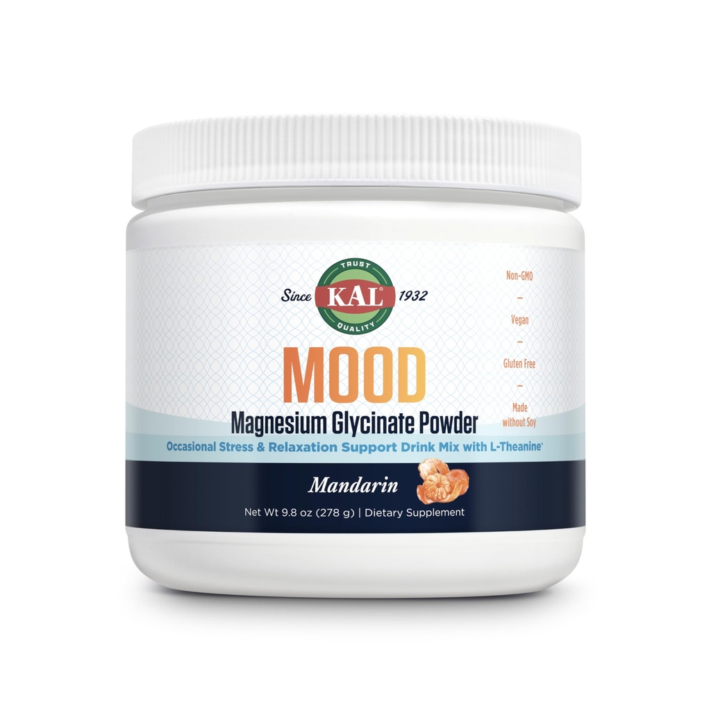 Kal Mood Magnezu proszek z L-Theanine - Mandarin Flavor Magnezu Suplement - Relaxation Support, Wysoka absorpcja, Nie dodawany cukier, Wegan, Gluten wolny, Made Without Soy - 40 Sług, 9.8 oz
