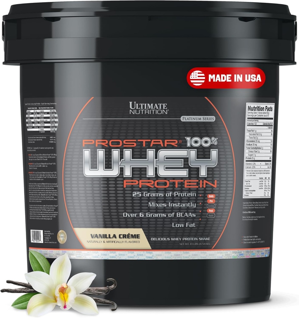 Ultimate Nutrition Prostar Protein Powder Isolate, Vanilla - Niskie węglowodany, Wysokie Białko Powder Shake for Muscle Gain & Recovery - Niski Sodu, Low- Fat & Keto Friendly - 10 lbs Bucket
