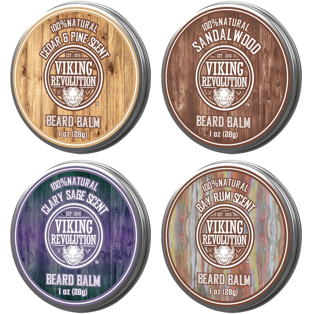 Viking Revolution 4 Beard Balm Variety Pack (1oz Each) - Sandalwood, Pine & Cedar, Bay Rum, Clary Sage - Style, Mocne i miękkie Brody i wąsy - Wosk dla mężczyzn