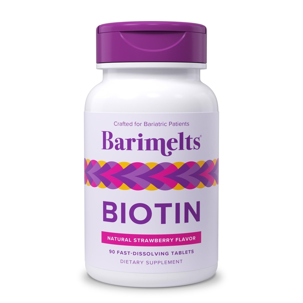 BariMelts Biotin 5000mcg, 90 Tabletki rozpuszczające szybko (3- Miesiące dostaw), Witaminy niezawierające cukru dla kobiet, Naturalny aromat truskawkowy