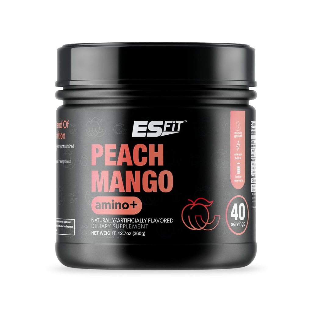 Amino + Proszek - Przed i po Trening z kofeiną + Green Tea Extract - BCAA, Amino Acids, Zero Sugar, Niskie kalorie, Superior Taste, 40 Servings (Peach Mango)