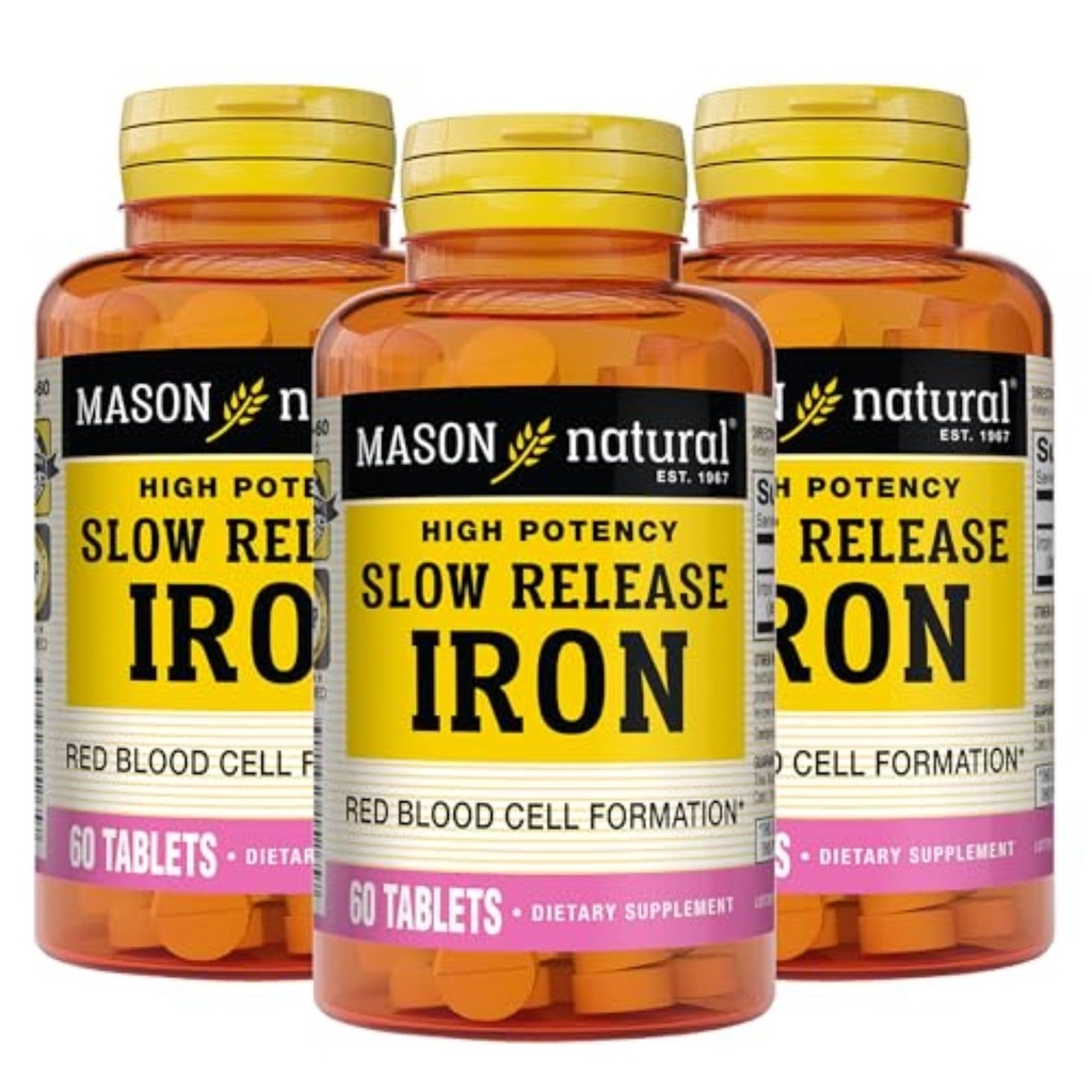 Mason Natural Slow, Release Iron (żelazny siarczan) 50 mg tabletki, 180 Day Supply, Wysokiej mocy suplement, Delikatny na żołądku, 3 Pack