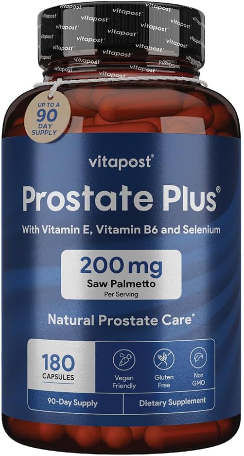 Prostate Plus Natural Prostate Care and Uurinary Health Supplement for Men Enriched with Saw Palmetto, Witamina B6, Witamina E, Selenium i Cynk. 180 Kapsułki