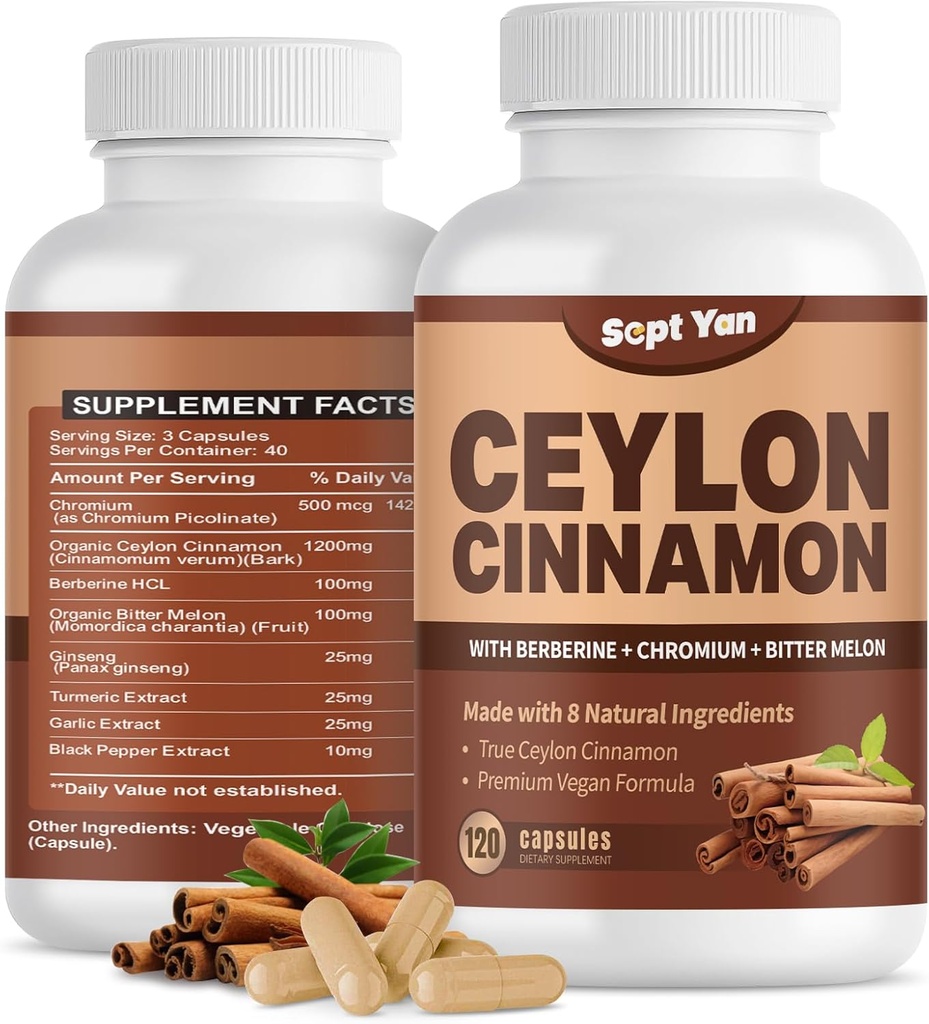 Ceylon Cynamon kapsułki 1200mg Cynamon Bark Suplementy z chromem, Berberyna HCL & Turmeric, Wegan, 120 Kapsułki, Energia, Metabolizm, Serce i Wsparcie immunologiczne