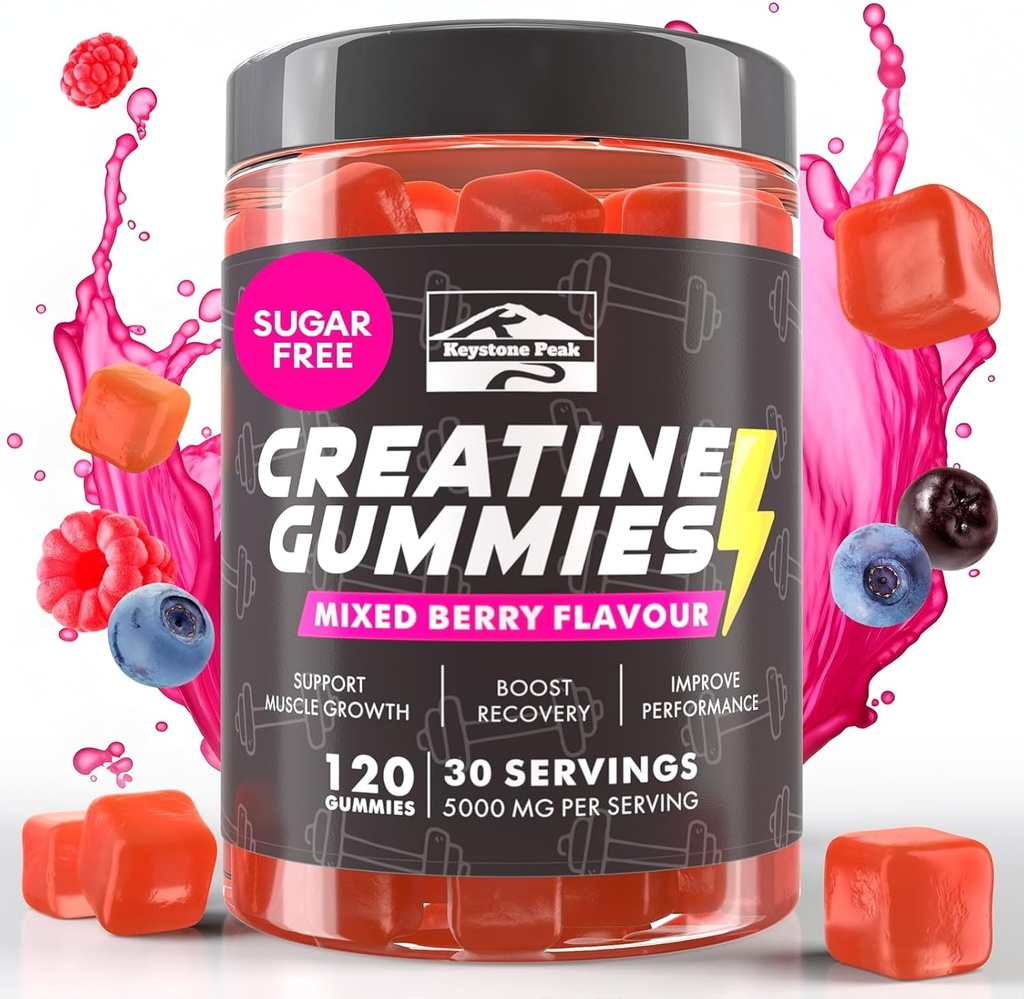 KP Jednowodzian Gummie Kreatynowe Mieszane Jagody dla mężczyzn i kobiet, 100% Mieszane Gummie Kreatynowe, 5g na Serving + Wegan, Bez cukru, Mieszane Jagody + Siła, Energia, Mięśnie i Booty Gain - 120