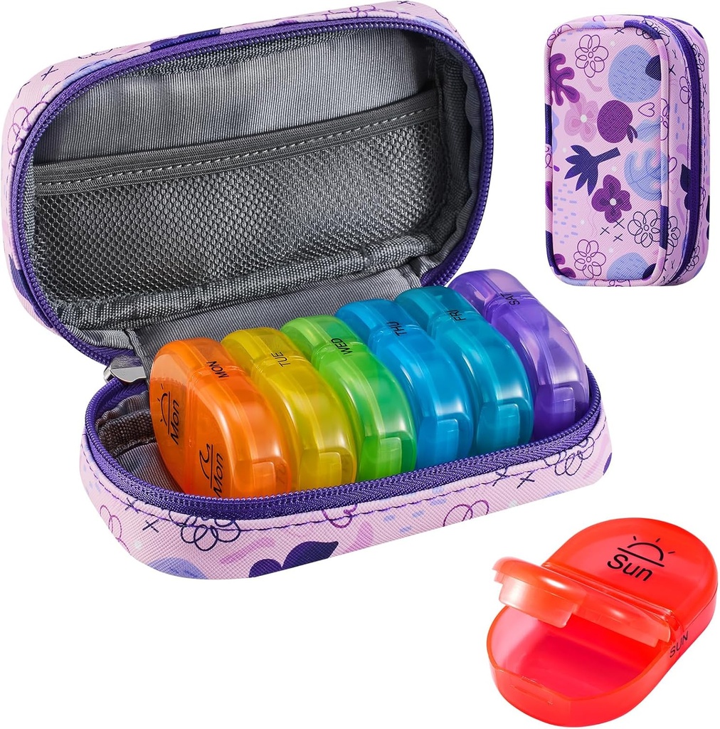 Serfeymi Cotygodniowy Travel Pill Organizator 2 razy w ciągu dnia PM Zmodernizowany Rainbow Pill Box 7 Dzień z przenośnym Zipper PU Leather Pill Case, Medicine Organizer for Pills, Witaminy, Oleje rybne - Purpurowy 02