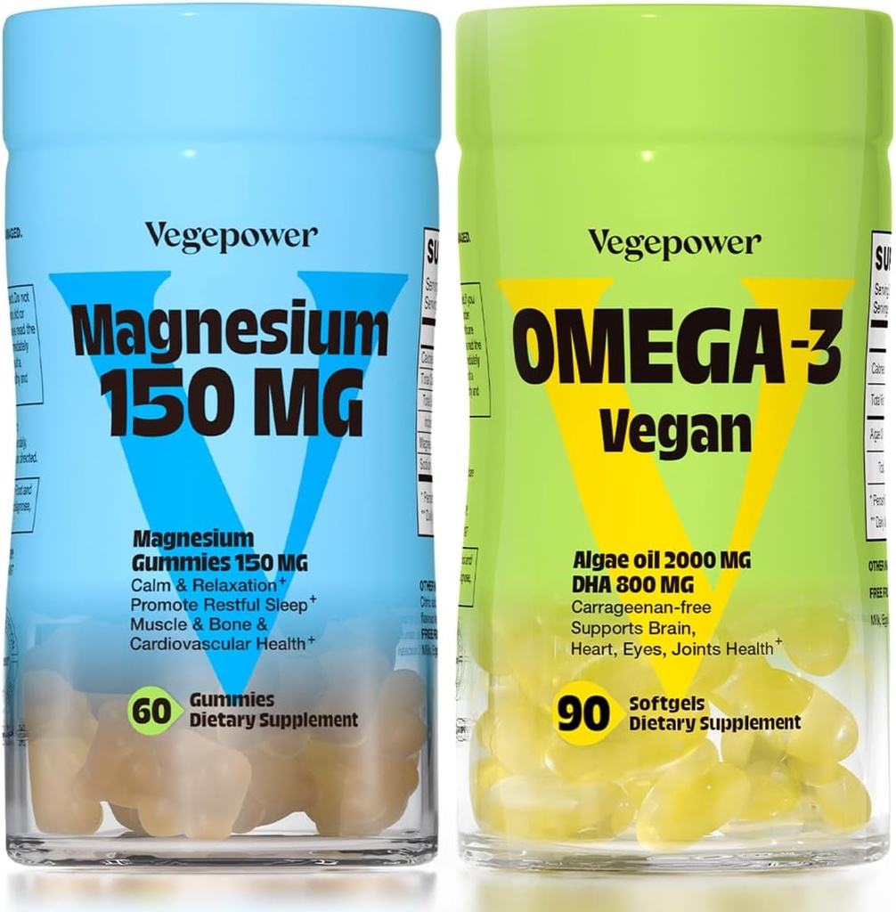 Vegan Omega-3 + Magnezu Gummies ↓ 124; Algae Omega03 800mg DHA Suplementy dla Mózgu, Heart Eyes Health- 90 Hrabia 124; 150mg Magnezu Cytrate Gummies dla dorosłych i dzieci spokojny sen, relaks