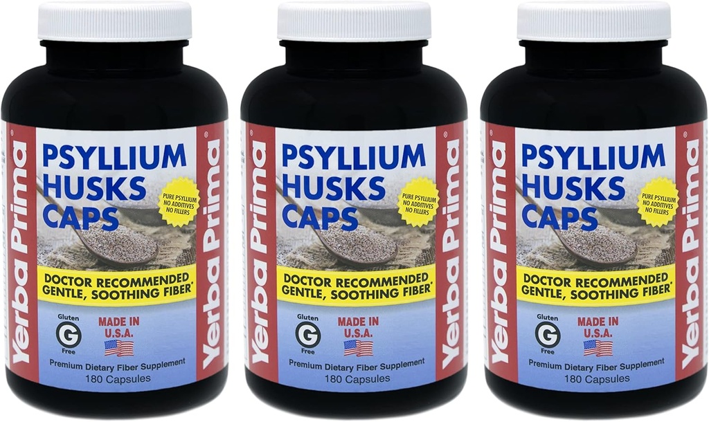 Yerba Prima Psyllium Czapki - 180 czapek (Pack of 3) - Natural Fiber Supplement - Colon Cleansing - Non-GMO Gluten Free