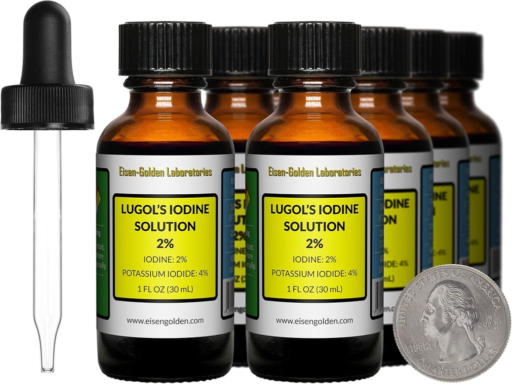 Lugol 's jod / 2% Solution / 8 Oz in Eight Amber Glass Bottles / Free Droppers