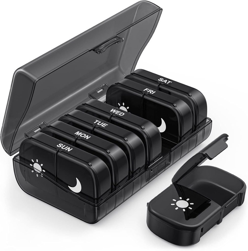 PULIV Extra Duży Weekly Pill Organizator 2 razy dziennie, One- Side Open Pill Box 7 Dzień dla łatwego napełniania, Black Privacy Protection AM PM Pill Case for Vitamin, Medykacja, Suplementy, Oleje rybne czarny