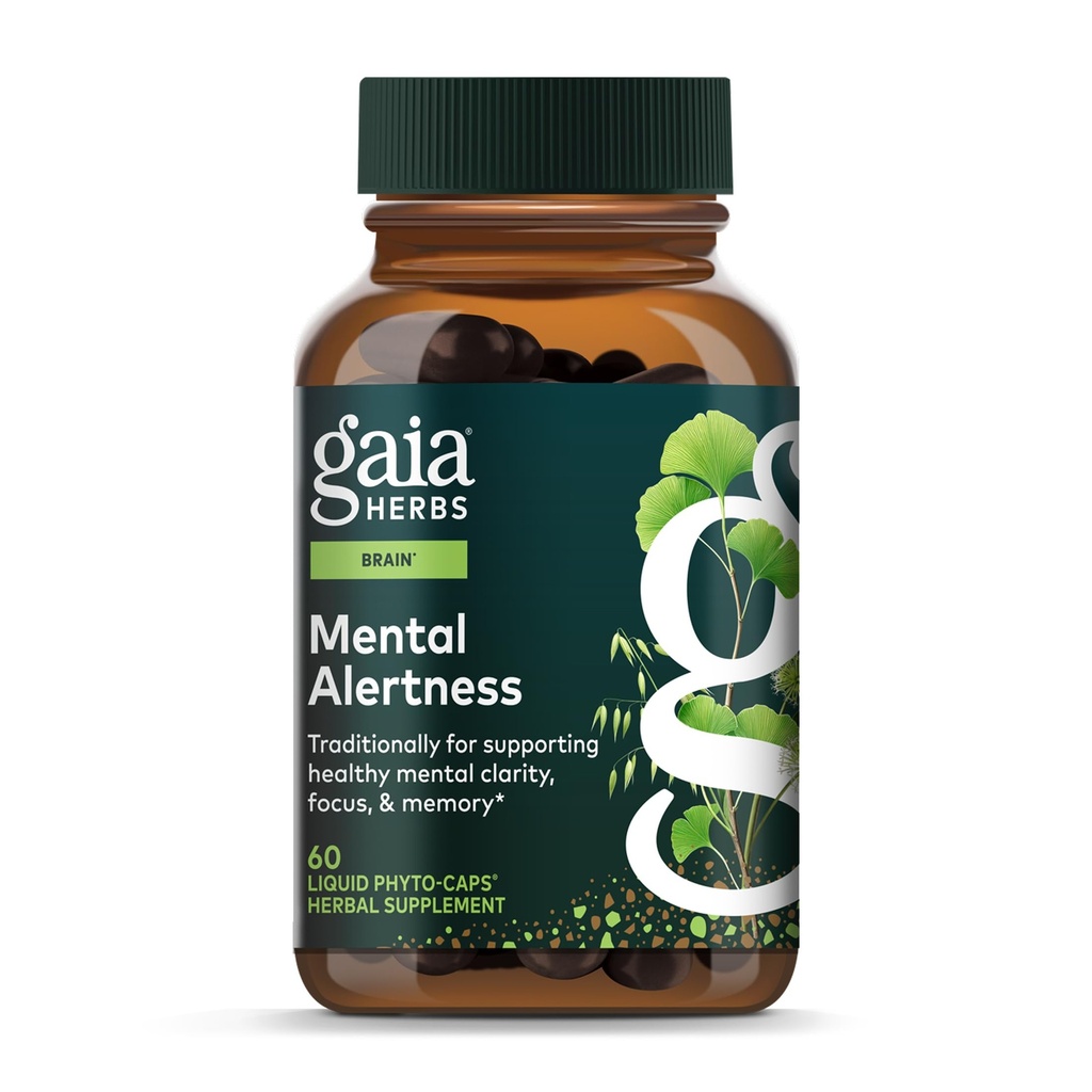 Gaia Herbs Mental Alertness - Suplement do Wspomagania Mózgu, aby pomóc utrzymać ostrość i pamięć * - z Eleuthero, Ginkgo Leaf, Gotu Kola, Rosemary & Oats - 60 Vegan płynnych Kapsułki (15-Day Supply)