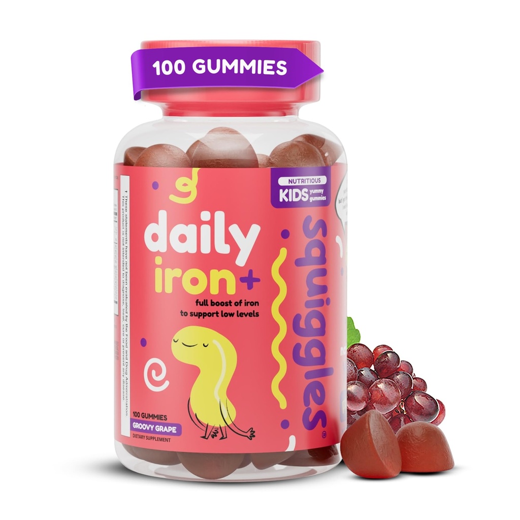 Squiggles Kids Daily Iron + Gummies - suplement do żucia z żelazem, Multivitamin dla dzieci, niski cukier, Wegan, Toddler Gummies, Yummy Grape Flavor (100 Hrabia)