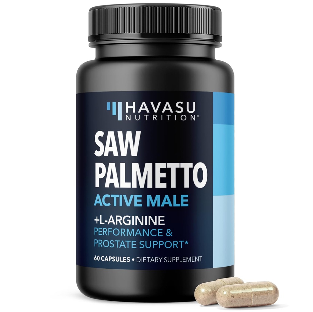 Saw Palmetto 500 mg i L- Arginina 500 mg - Prostate Health and Nitric Oxide Supplements for Men - 60 Count - Urynary Function Support and Endurance for Active Meles - Vegan, Non-GMO, 1 Month Supply