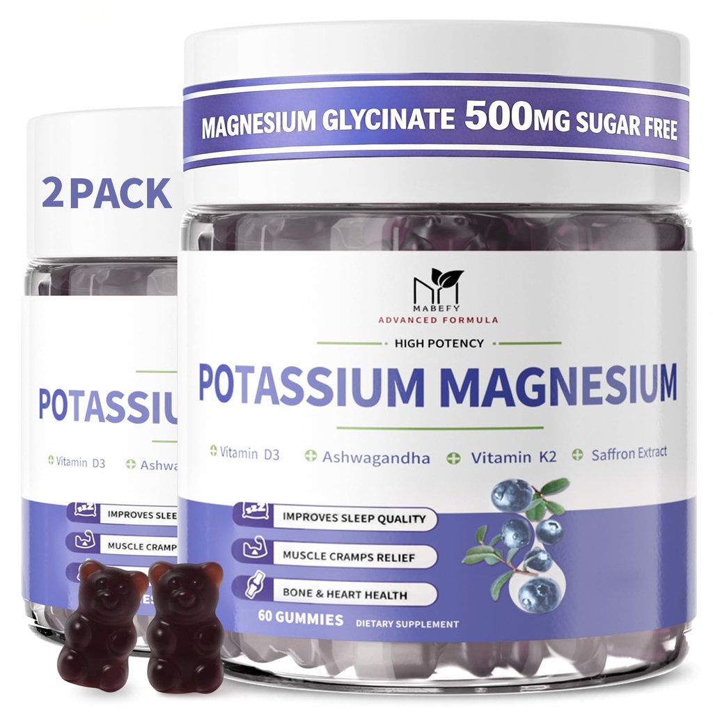 2 Opakowanie Gummeje magnezowe potasu, Gummeje potasu bez cukru z Gluminatem magnezu 500 mg Glucynian do żucia Magnezu Suplementy potasu z wapnia, Cynk, Witamina na skurcze nóg i mięśni